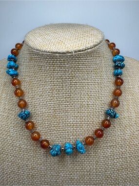 Hand Crafted Turquoise Howlite and Red Agate Bead Necklace Sterling 925 Clasp